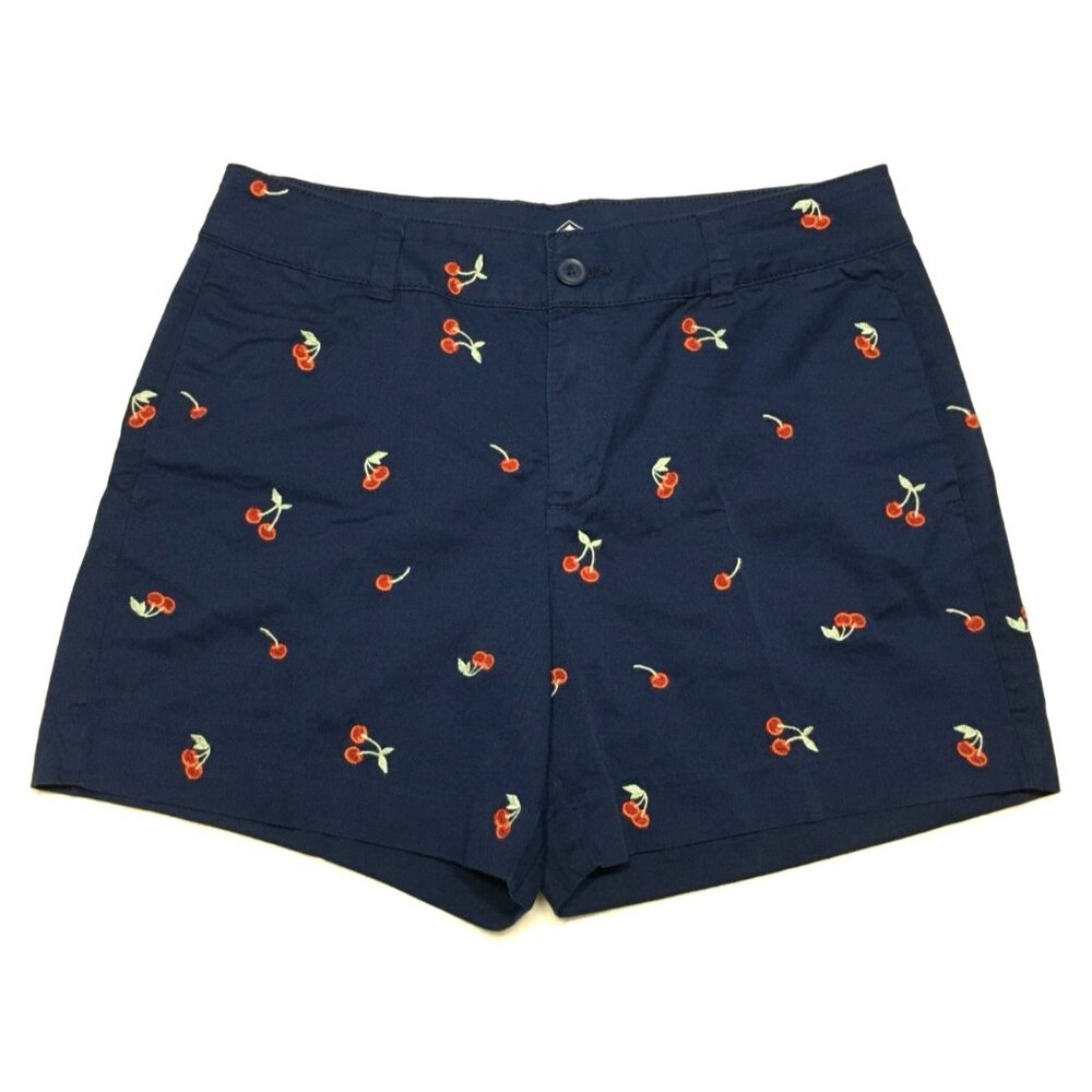 St Johns Bay Cherry Shorts Womens 10P Navy Blue Embroidered Cherries 31.5 x 5